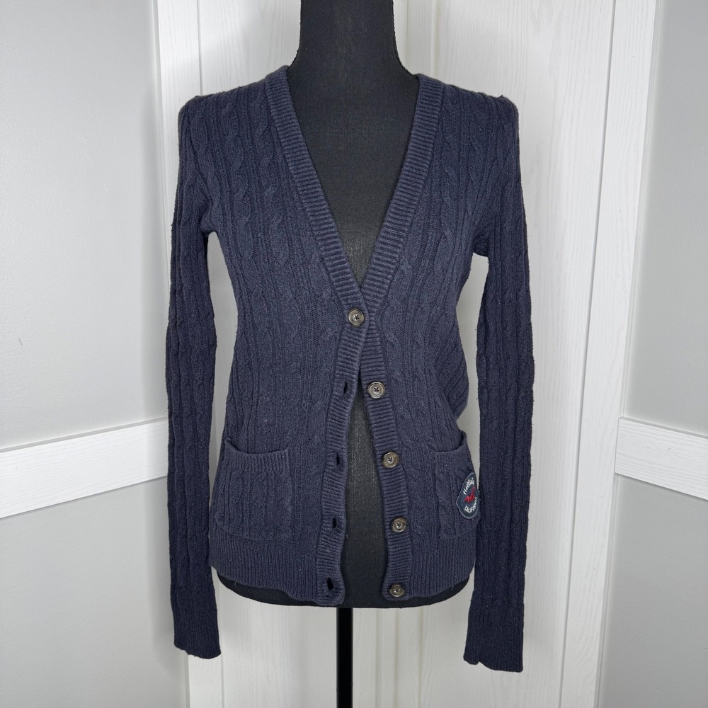 Hollister Cardigan Sweater Women XS Navy Blue Cable Knit Button Front